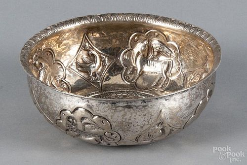 Spanish or Spanish Colonial chased silver bowl, 18th c., decorated with bird and mythical animal