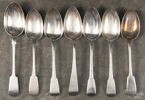 Six English and continental sterling silver serving spoons, together with a silver-plated spoon