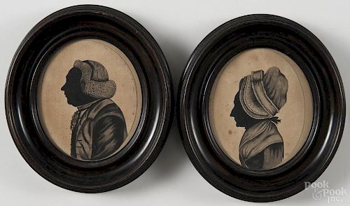 Pair of Anglo-Irish ink and watercolor miniature silhouettes on paper, late 18th c.