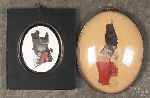 Two English miniature military silhouettes, 19th c., to include an ink and watercolor example