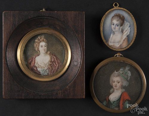 Three French watercolor miniature portraits on ivory, 18th/19th c.
