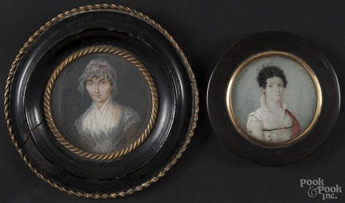 Two English watercolor miniature portraits on ivory, 18th/19th c., to include one signed example