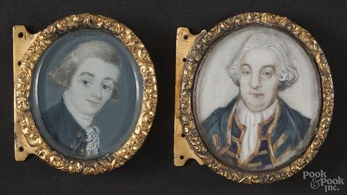 Two English miniature portraits on ivory, early 19th c, inset into brass buckles