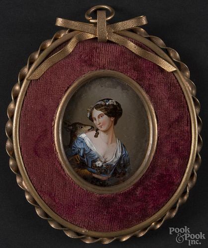 Continental reverse painted miniature of a woman and deer, late 19th c., 2 1/4'' x 1 3/4''.