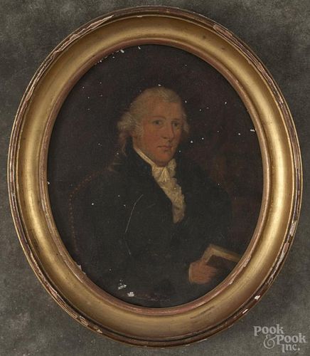 Oil on tin portrait of a gentleman, 19th c., 7 3/4'' x 6 1/2''. Provenance: DeHoogh Gallery