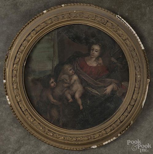 Italian school, oil on copper, 18th c., depicting the Holy Mother, two angels, and a lamb