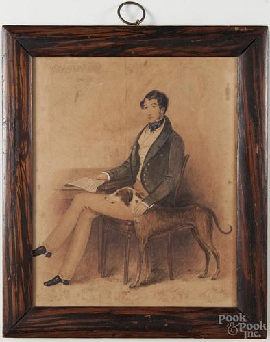Watercolor on artist's board portrait of a gentleman and his dog, 19th c., 11 1/4'' x 9 1/4''.