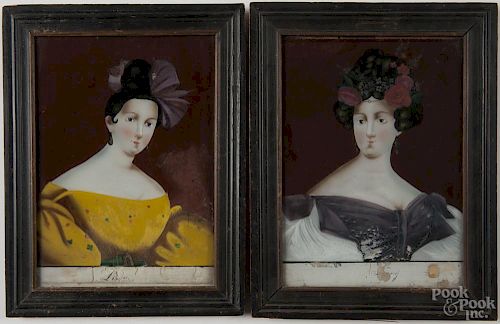 Pair of reverse painted portraits of women, 19th c., 9 1/2'' x 6 3/4''. Provenance: DeHoogh Gallery