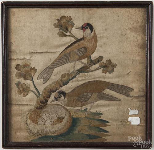 Silk embroidery of two birds and a nest, 19th c., 8 3/4'' x 9''. Provenance: DeHoogh Gallery