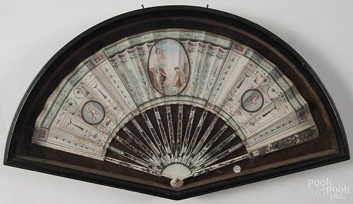 French neoclassical paper and ivory hand fan, early 19th c., with watercolor and openwork decoration