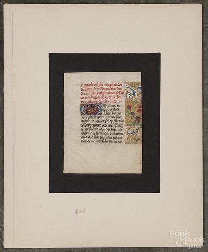 German vellum printed and illuminated manuscript page, 15th/16th c., 5'' x 4''.