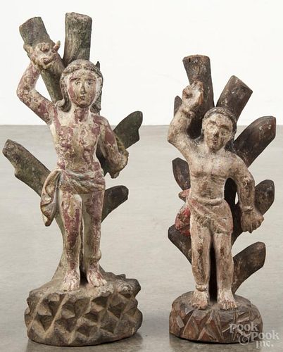 Two Spanish polychrome carved wood and gesso figures of Saint Sebastian, 18th c., 11'' h.