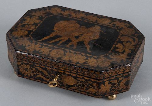 French black lacquered wood lock box, 19th c., with ball feet, 2 3/4'' h., 9'' w.