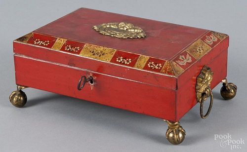 French tole sewing box, 19th c., with ball and claw feet and gilt decoration, 3 3/4'' h., 8 1/2'' w.