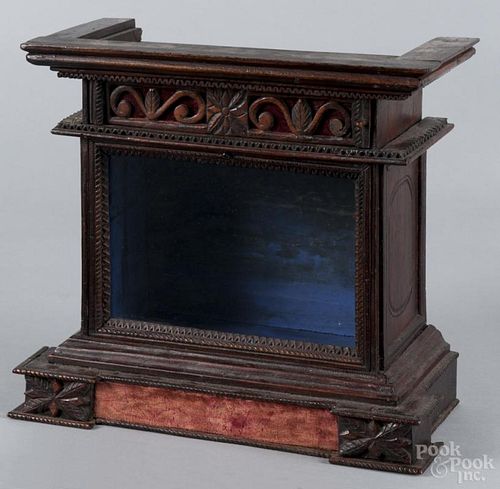 Tramp art glass front carved display case, 19th c., 11 1/4'' h., 12'' w. Provenance: DeHoogh Gallery