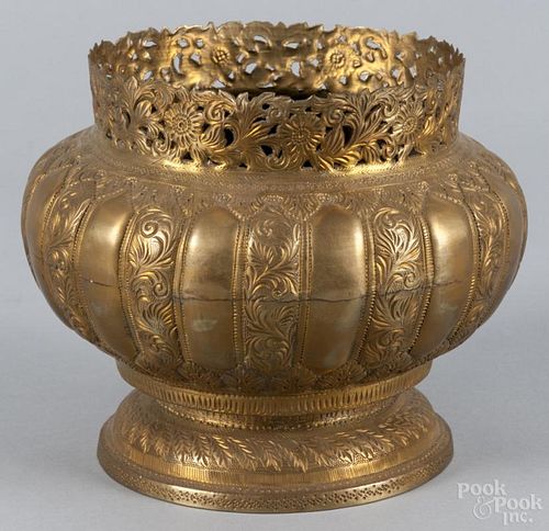 Early bronze wine cooler with chased and punchwork floral and leaf decoration, 7 1/2'' h., 8 1/2'' dia.