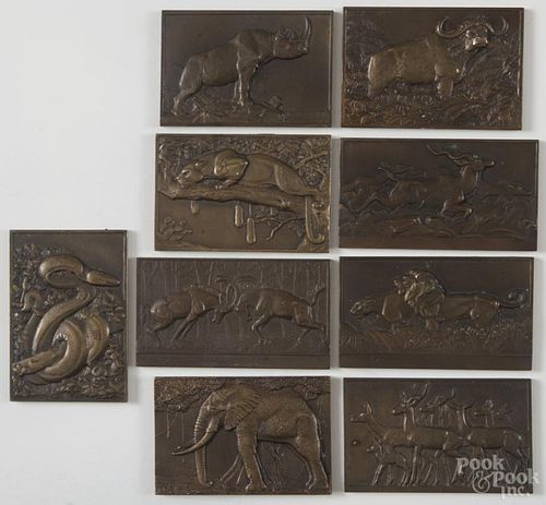 Francois Thenot (French 20th c.), set of nine bronze plaquettes depicting animals, signed, 2'' x 3''