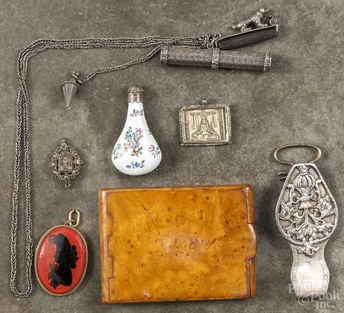 Continental silver-plated chatelaine with dog decoration, together with a burl wood cigarette case