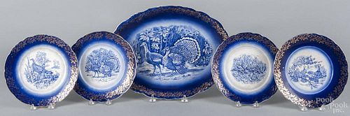 Flow blue turkey platter, ca. 1900, together with four matching plates, platter - 17 1/2'' w.