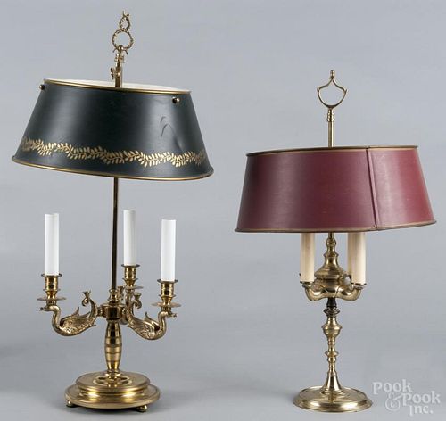 Two brass table lamps, 20th c., one with swan supports, 26'' h. and 22'' h.