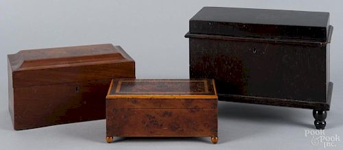 Mahogany dresser box, 19th c., 5'' h., 9'' w., together with a burled box that was a music box