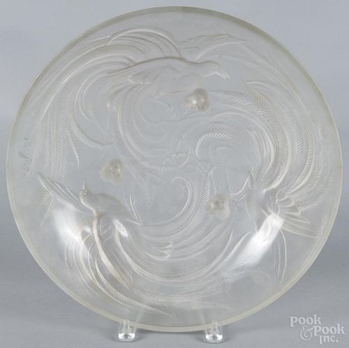 Large frosted glass birds of paradise center bowl, 20th c., 4 3/4'' h., 15 1/2'' dia.