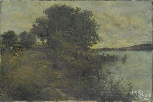 Continental oil on canvas impressionist landscape, 19th c., with cows, 14'' x 21''.