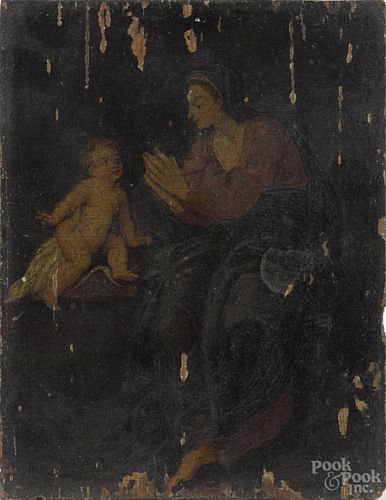 Continental oil on panel of a mother and child, early 19th c., 8 1/2'' x 6 1/2''.