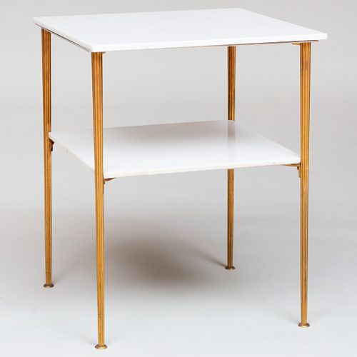 Modern Brass-Mounted White Marble Two Tier Table