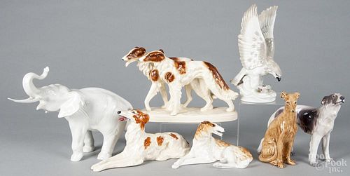 Five porcelain wolfhound figures, one is Copenhagen Denmark, tallest - 7 1/2''