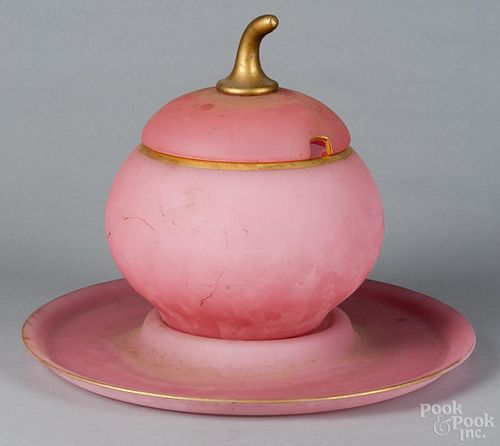 Pink frosted glass fruit-form covered punch bowl and undertray with gilt stem and trim, 15'' h.