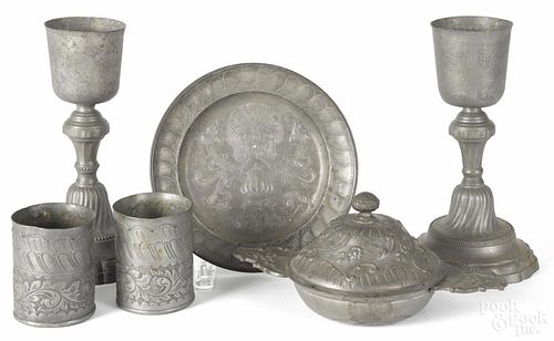 Pair of pewter chalices, 19th c., signed on interior base, 10 1/2'' h.