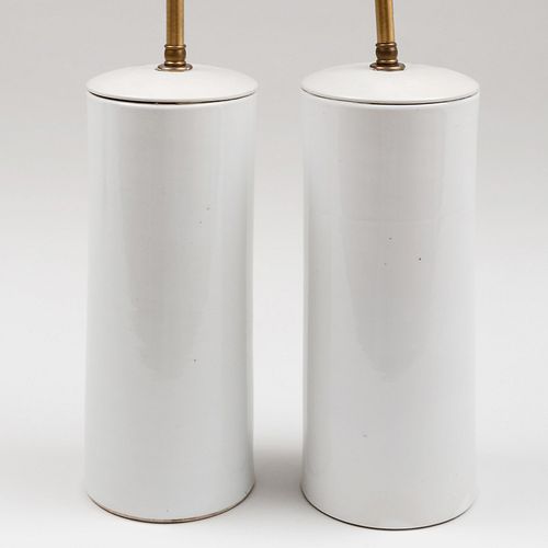 Pair of Cylindrical White Glazed Porcelain Vases Mounted as Lamps