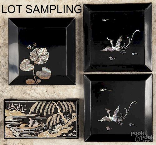 Six Japanese black lacquered wooden trays with mother-of-pearl phoenix inlay, Edo period, 7 1/4'' l.