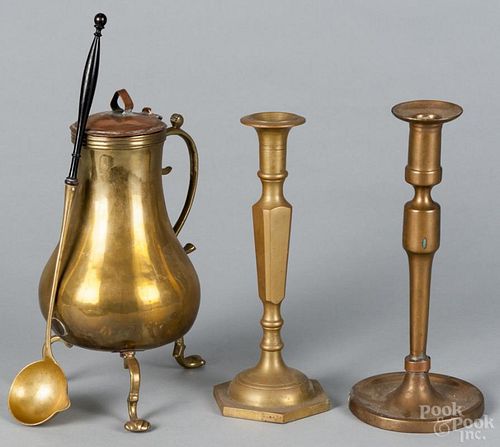 Early metalware, to include a brass and copper painted footed coffee pot, missing its spout