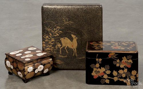 Japanese floral decorated lacquer tea box with an inner tray, 4 3/4'' h., 7'' w.