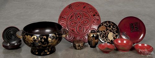 Assorted Japanese lacquer tableware, to include a large footed bowl, 7'' h., 10'' dia., a covered box