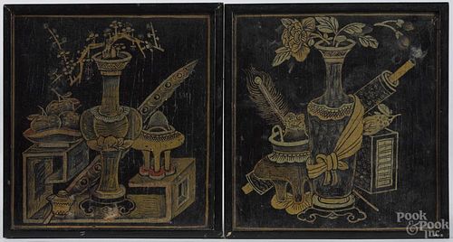 Two Japanese hand-painted black and gilt decorated wall plaques, Edo period, 7 3/4'' x 7 3/4''.