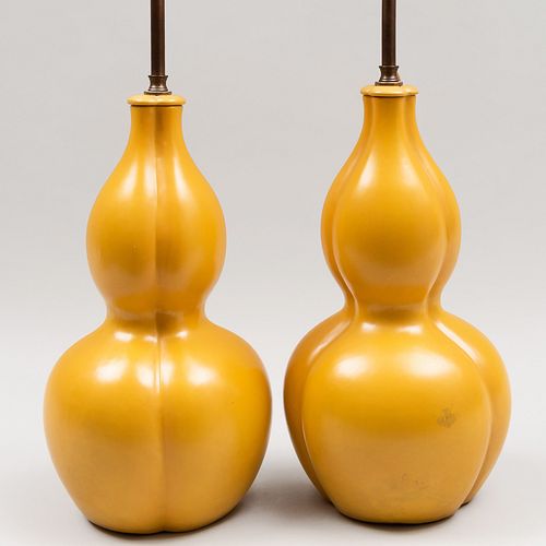 Pair of Chinese Yellow Glazed Porcelain Gourd Form  Lamps