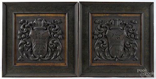 Pair of Continental carved walnut panels, 19th c., 13 1/2'' x 13 1/2''.