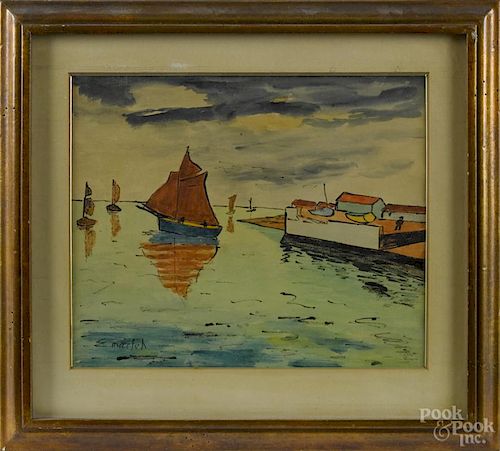 Elisee Maclet (French 1881-1962), watercolor harbor scene, signed lower left, 10 1/2'' x 13''.