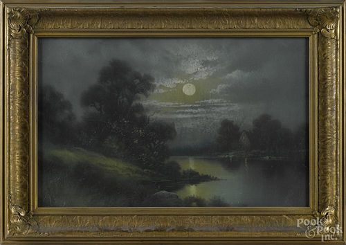 Pastel moonlit landscape, ca. 1900, with a cottage by a lake, 13 1/4'' x 21 1/2''.