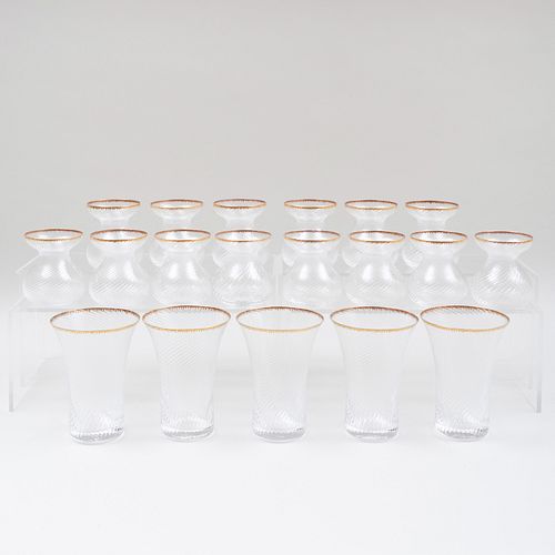 Group of Ribbed Glass Table Vases with Gilt Rims