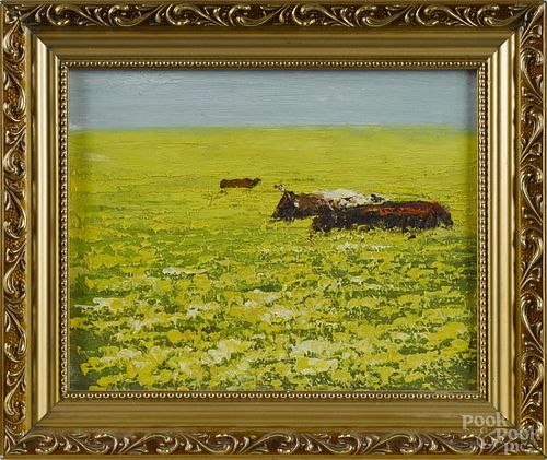 Contemporary Tibetan, oil on board landscape with cows in a field, 8 1/2'' x 10 1/2''.