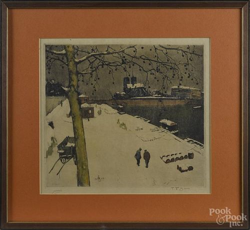 Winter etching, signed illegibly lower right, 14'' x 15 1/4''.
