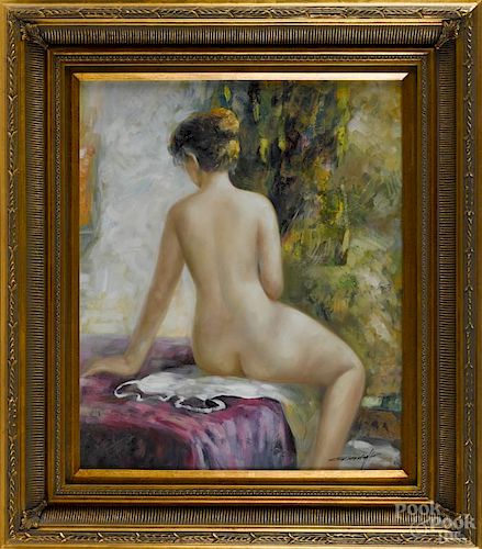 Contemporary oil on canvas of a nude woman, signed G. Maxfaglor lower right, 24'' x 20''.