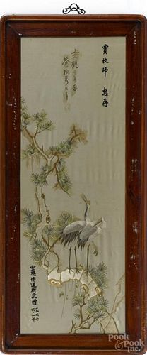 Chinese silk on silk needlework, 35 1/2'' x 12 1/2''.