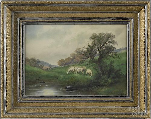 Watercolor landscape, 19th c., with sheep, signed Drisley, 14'' x 20''.