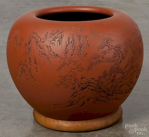 Large Japanese Tokoname-ware hand-thrown vase, carved with landscapes and characters