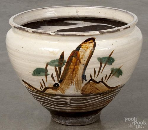 Large Japanese pottery vase, attributed to Kawai Kanjiro (Kyoto 1890-1966), with abstract landscapes